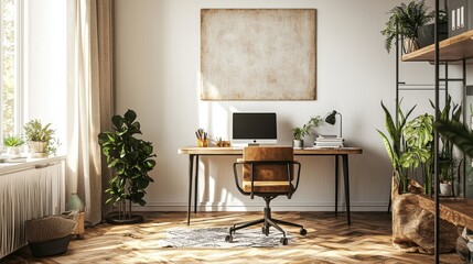 Bright home office interior workspace decor with a wooden desk chair and various plants in natural light