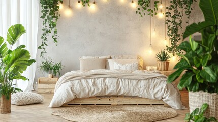 Inviting bohemian bedroom retreat with soft natural light and organic textures for rest and relaxation