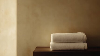 Minimalist bathroom decor with neutral tones and soft towels on wooden shelf