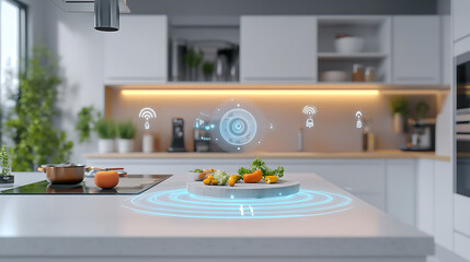 An AI powered voice controlled kitchen assistant, helping with recipe suggestions and cooking guidance, Smart kitchen tech style