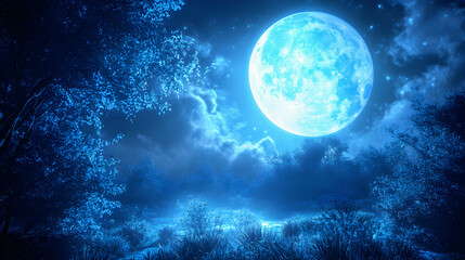 Naklejka premium The dark night sky reveals a bright full moon embraced by countless stars scattered across the vast space