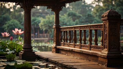 An Indian Mauryan-era wooden porch with carved balustrades, overlooking a lotus pond, rich earthy tones