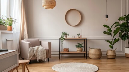 Cozy Home Interior with Armchair Plants and Wooden Accents for Relaxation and Stylish Living Area