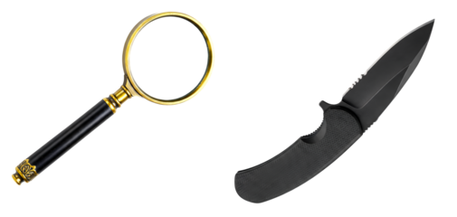 A magnifying glass and a tactical knife