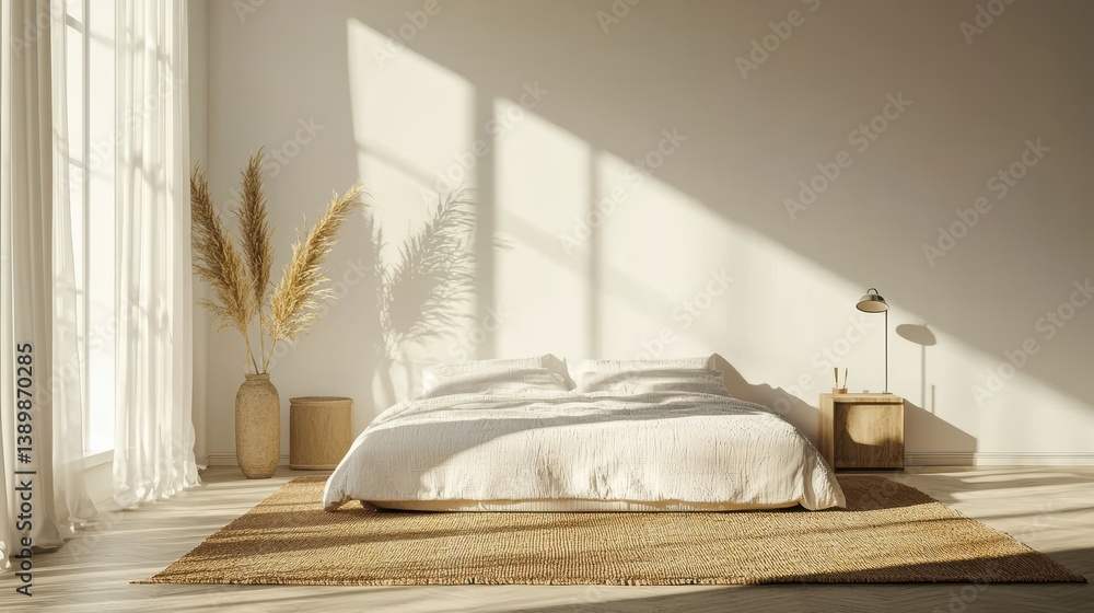 Poster serene bedroom with natural light and neutral tones creating a calm and inviting atmosphere minimal 