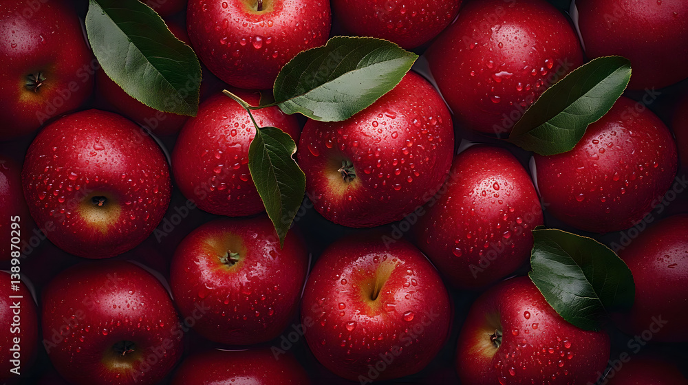 Poster red apples with leaves, closeup with top view, red apple patterns, top view of bright ripe fragrant 