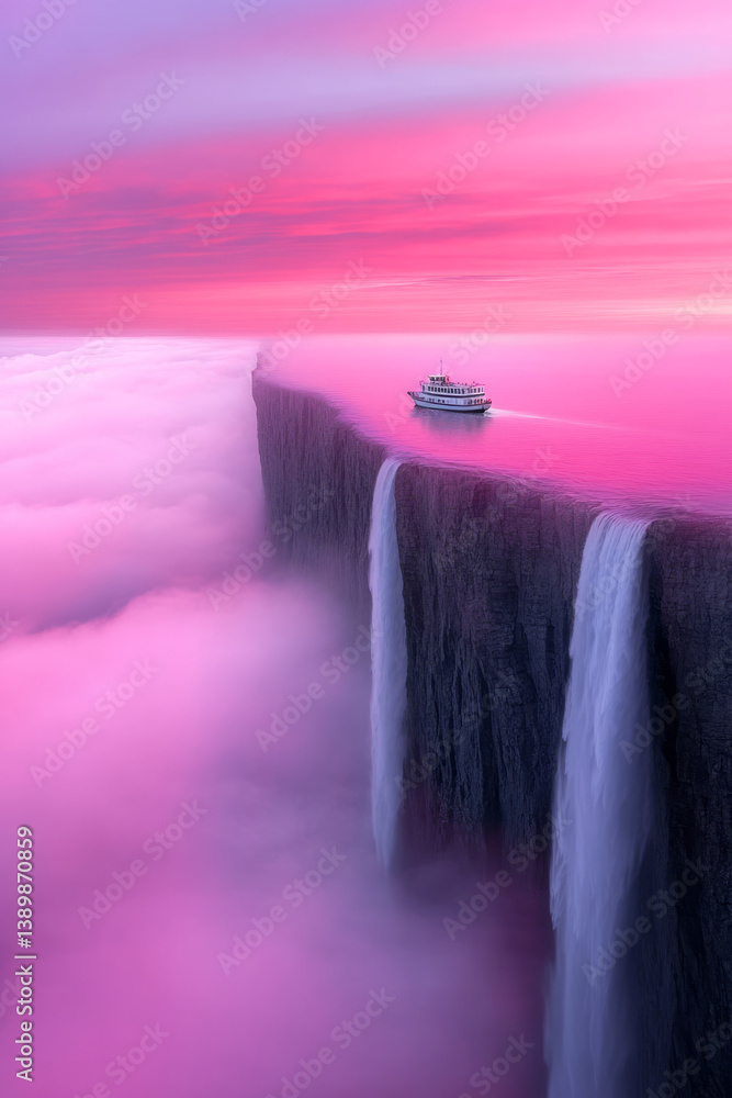 Poster a mind-bending composition of a boat navigating a horizon that abruptly turns into a waterfall-like