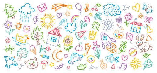 Kid crayon hand drawn background. Children school pencil bg. Cute summer flower, cloud, house, rainbow sun child icon. Vector kid sketch illustration. Cute crayon children pattern. Color pencil doodle