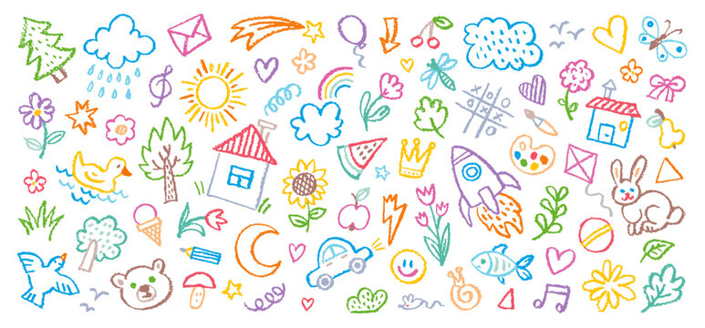 Kid crayon hand drawn background. Children school pencil bg. Cute summer flower, cloud, house, rainbow sun child icon. Vector kid sketch illustration. Cute crayon children pattern. Color pencil doodle