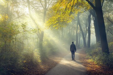Fototapeta premium Discover tranquility on a serene forest walk. Embrace nature's beauty, dappled sunlight, and peaceful paths for ultimate relaxation.