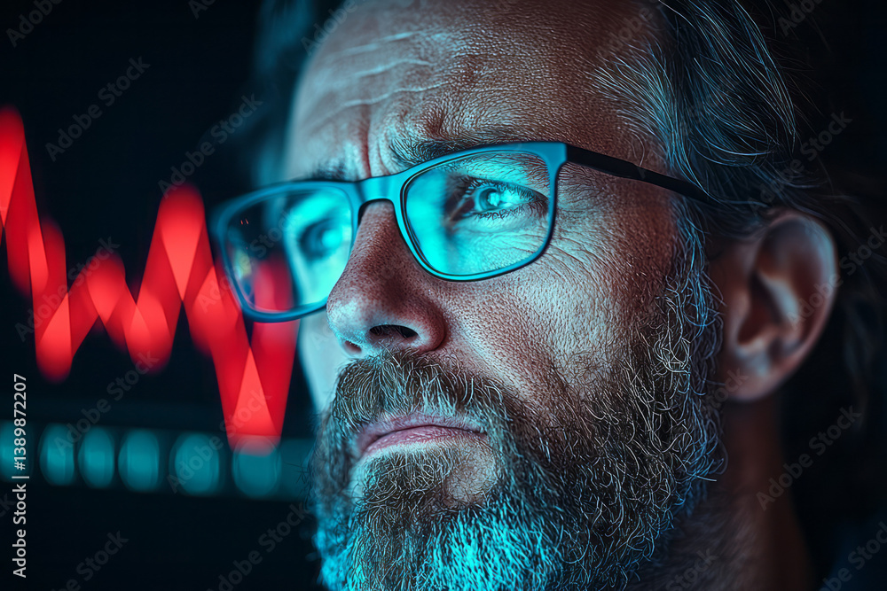 Poster emotional business scene with a man in distress, camera slowly closing in as a digital red