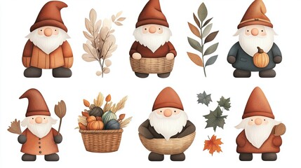 Gnomes with seasonal themes Playful Gnomes with Autumn Decor and Seasonal Elements for Fall autumn gnome decor ,whimsical seasonal gnome watercolor