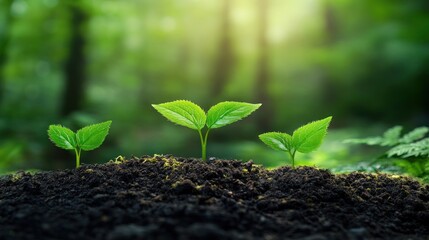 Fototapeta premium Three Young Seedlings Growing in the Forest