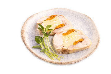 Chicken, egg and dried apricot meatloaf isolated on white. Diet, healthy eating. side view, copy space