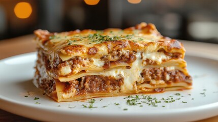 Close-up of a beef and cheese lasagna slice topped with herbs on a white plate, softly lit