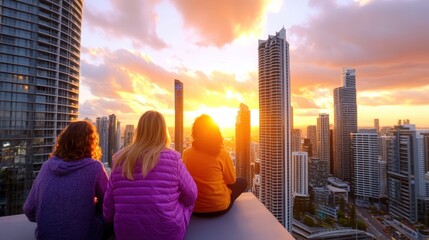 Two friends sitting on a ledge with a scenic view, engaging in conversation and enjoying the moment together outdoors