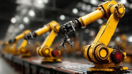 Close up view of three yellow industrial robotic arms on a production line in a factory setting.