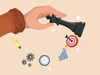 Business Strategy and Decision-Making Illustration Featuring Hand with Chess Piece and Icons of Growth, Productivity, and Target Success.