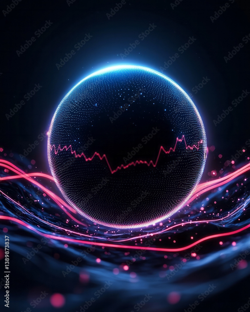 Aufkleber a glowing blue digital planet rotating in space, surrounded by transparent red stock chart ribbons