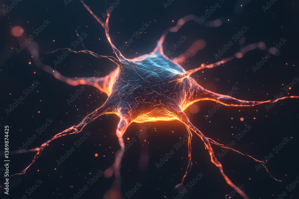 Poster a futuristic neural web glowing with soft blue and orange light, rhythmically pulsing in the void