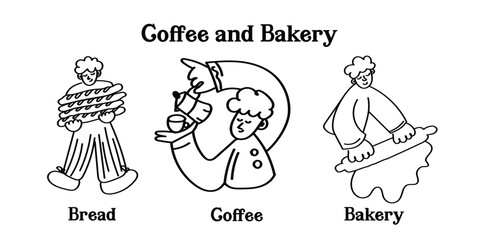 Charming doodle-style coffee shop and bakery icons feature hand-drawn outline illustrations of café essentials, from coffee cups and pastries. Perfect for menus, branding, and cozy café designs.