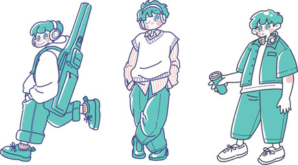 ヘッドホンをした男の子のイラストセット