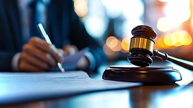 Justice system in action with gavel and legal documents in a professional setting