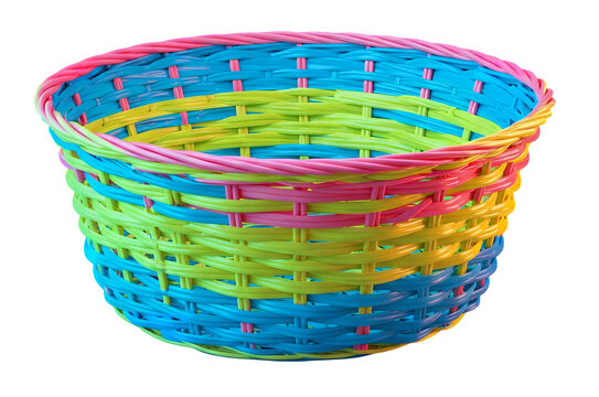 A colorful woven plastic bicycle basket