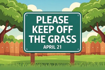 A playful April 21st plea to keep off the vibrant green grass in a charming backyard setting with bright cartoon trees and a wooden fence.