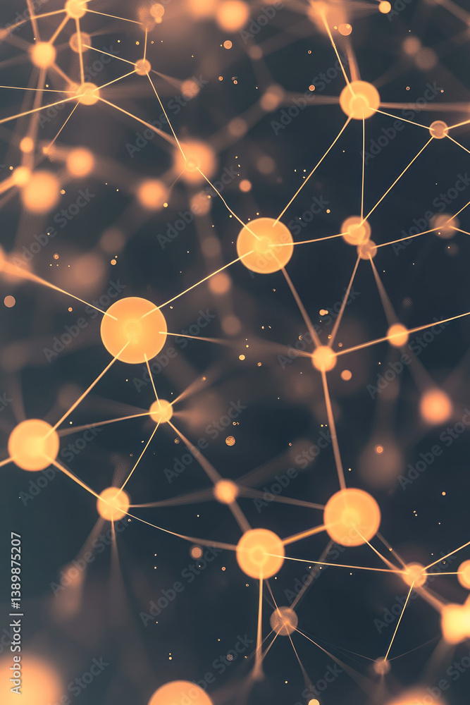 Poster orange-glowing data spheres linked by radiant lines, moving in a slow rotation with seamless camera