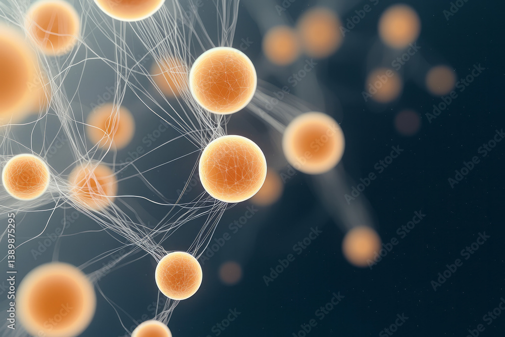 Poster gently rotating orange network structure in space, with each sphere connected by threads of light