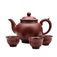 Traditional Chinese Teapot with Cups on Transparent Background