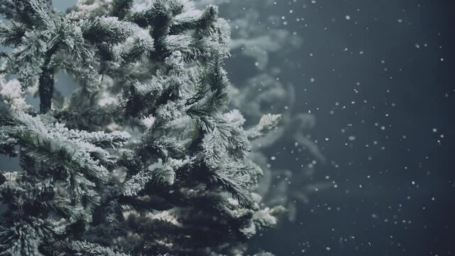 gothic background dark night forest tree winter cold nature snow falling, fairy tale scene moon light fog snowfall slow motion. Fantasy magic holiday christmas new year. spruce covered with frost 4k