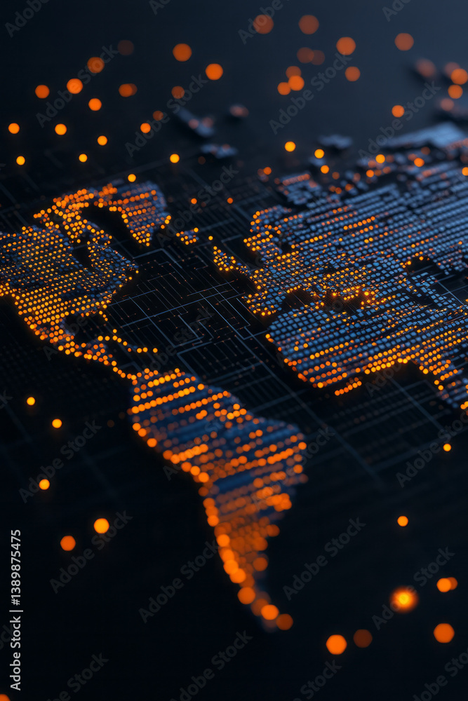 Poster a high-tech world map glowing with dynamic charts and flickering data points, slowly spinning in