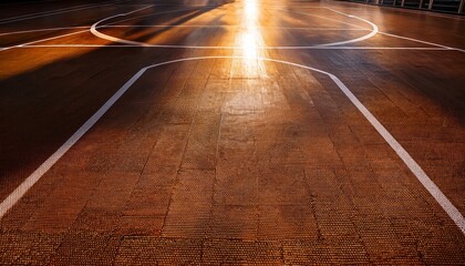 close up of a basketball court with golden back light and shadow