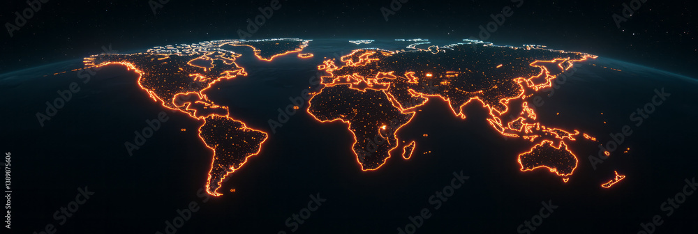 Poster a sleek, glowing world map rotating in space, lit with clusters of data points and animated chart