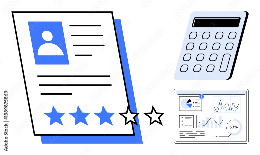 Poster star-rated profile evaluation alongside a calculator and analytics dashboard with charts and graphs.
