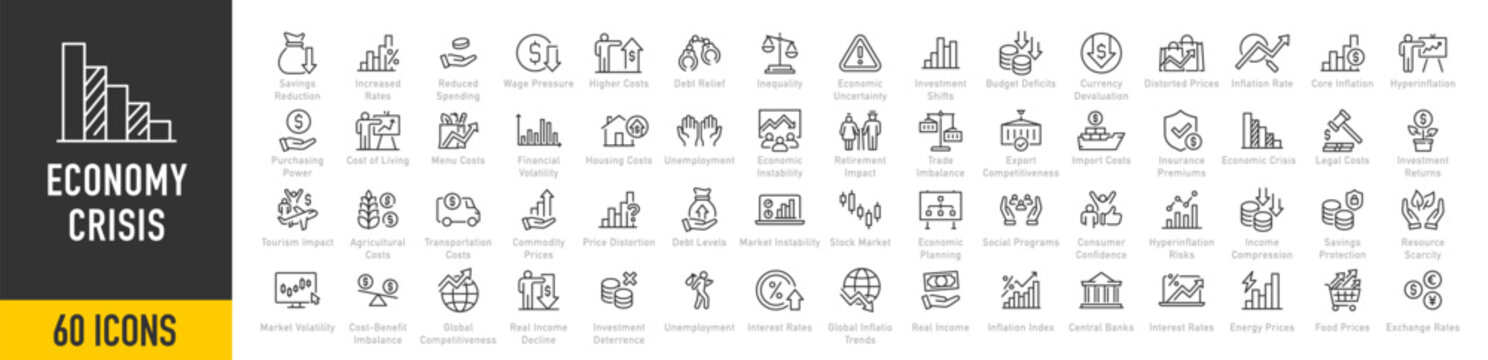 Inflation web icons in line style. Crisis, economic, unemployment, hyperinflation, inflation rate, scarcity, price increase, money, investment, depreciation, energy, transportation, collection. Vector