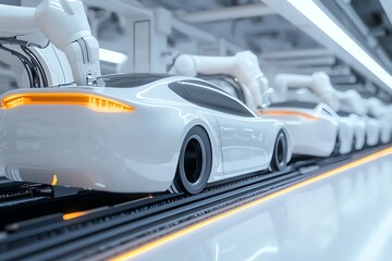 Obraz premium White Cars on Conveyor Belt with Robotic Arms in Futuristic Factory Setting, Clean Look