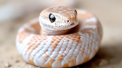 Obraz premium Close-up of a coiled snake with a light beige and cream coloration. The snake's head is focused on the viewer, exhibiting a curious posture. Its scales are clearly visible, with a subtle pattern