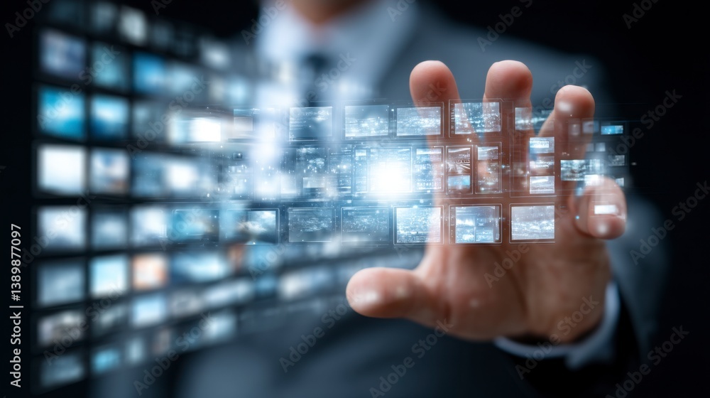 Poster businessperson interacts with a futuristic digital interface displaying numerous image tiles. dark b