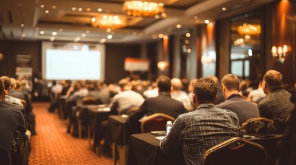 Attendees at a business conference in a large hall with a presentation screen, warm lighting, and a red carpet.