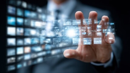 Businessperson interacts with a futuristic digital interface displaying numerous image tiles. Dark background, close up.