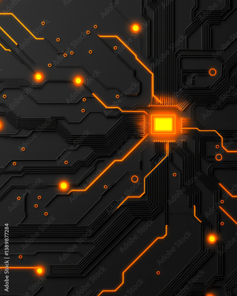 Poster bold abstract tech design with glowing orange light at the core of intersecting neon circuits,