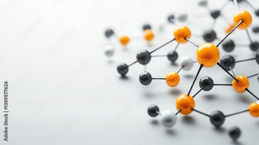 Poster abstract 3d rende of a molecular structure featu black, orange, and white spheres interconnected on 