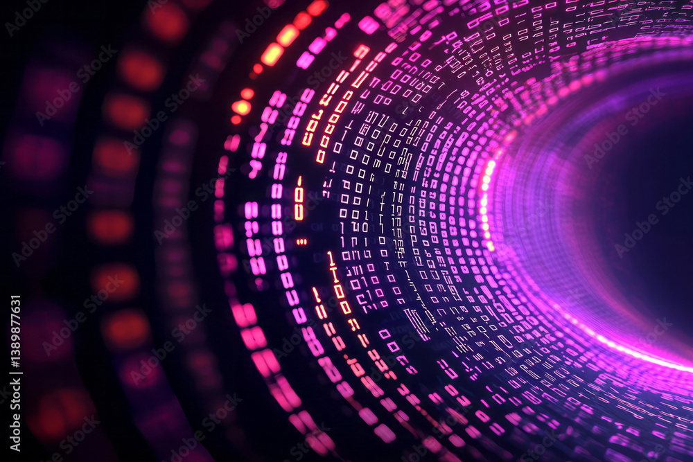 Poster abstract high-tech visualization of an ai system, with luminous neon circuits and binary digits