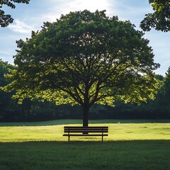 An empty bench under a large tree, representing self-reflection, mindfulness, and inner peace