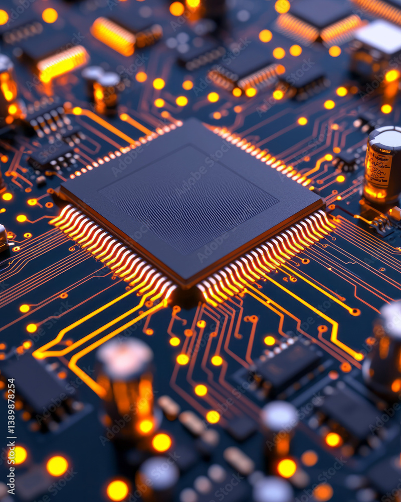 Poster artistic macro photograph of a functioning electronic device, showing leds, surface-mount devices,