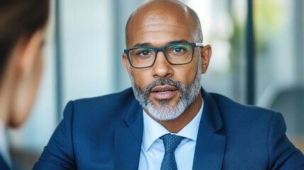 Fototapeta premium Professional man with glasses dressed in stylish suit posing confidently for business portrait in office setting