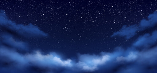 Night cloudy sky with stars and constellations. Vector realistic evening scenery with clouds, cloudscape. Dramatic skyscape for scenic outdoors landscape. Fog or mist, mysterious look © Sensvector